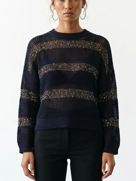 Navy and Gold Sequin Stripe Open Knit Sweater - Small - Sweaters & Knitwear