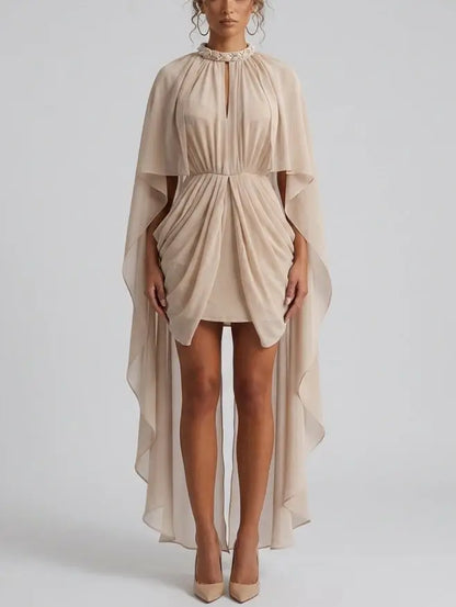 Nude Draped Cape Mini Dress with Braided Collar - Small - Dresses