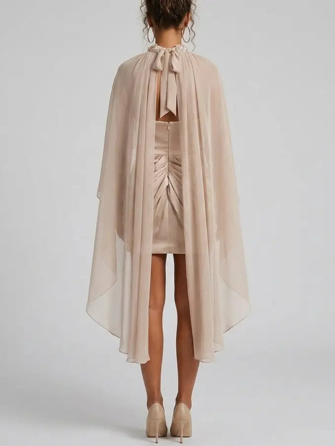 Nude Draped Cape Mini Dress with Braided Collar - Dresses