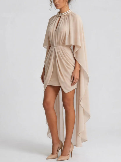Nude Draped Cape Mini Dress with Braided Collar - Dresses