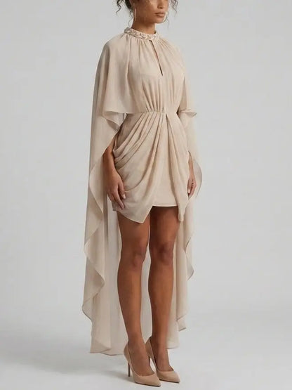 Nude Draped Cape Mini Dress with Braided Collar - Dresses