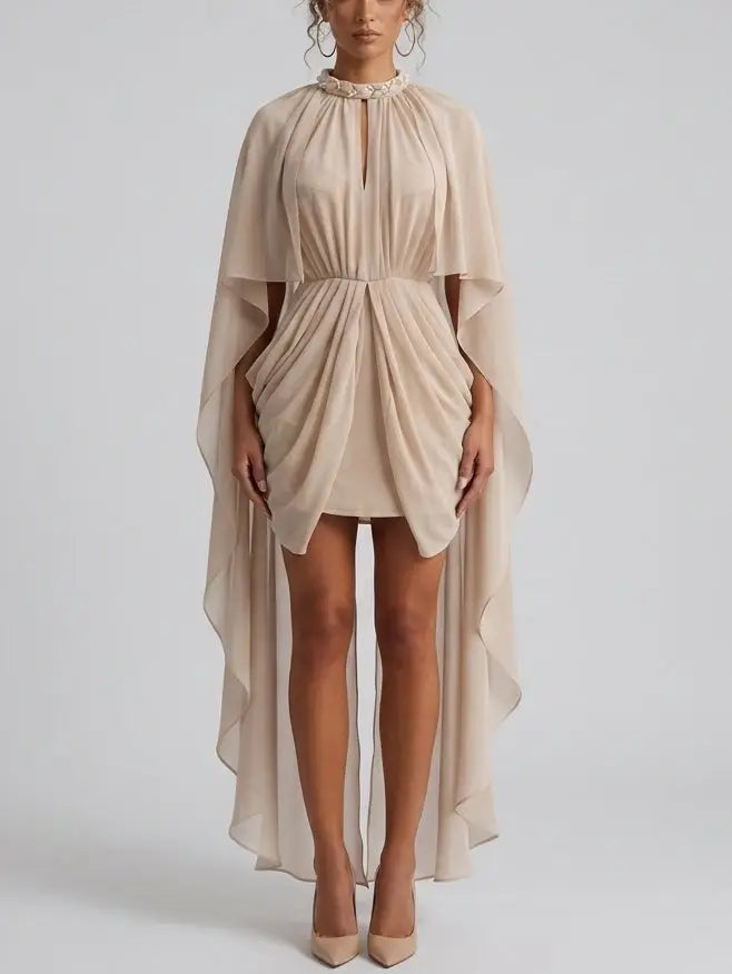Nude Draped Cape Mini Dress with Braided Collar - Dresses