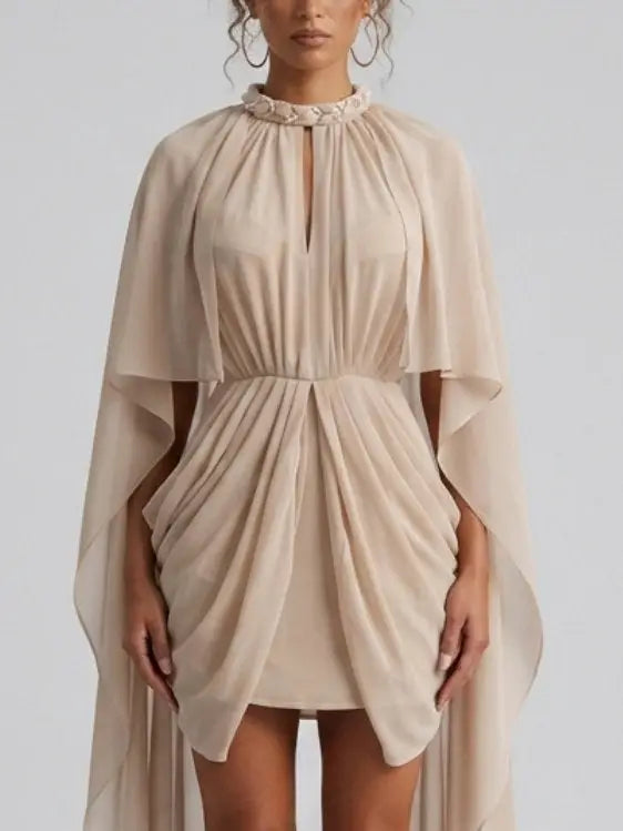 Nude Draped Cape Mini Dress with Braided Collar - Dresses