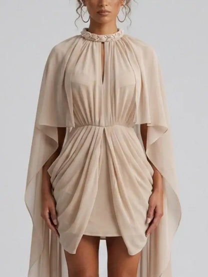 Nude Draped Cape Mini Dress with Braided Collar - Dresses