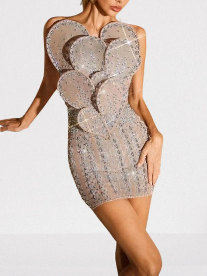 Nude Mesh Crystal Petal Appliqués Mini Dress - Dresses