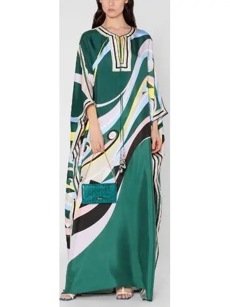 Occhi Print Silk Kaftan, Green - Branna Couture