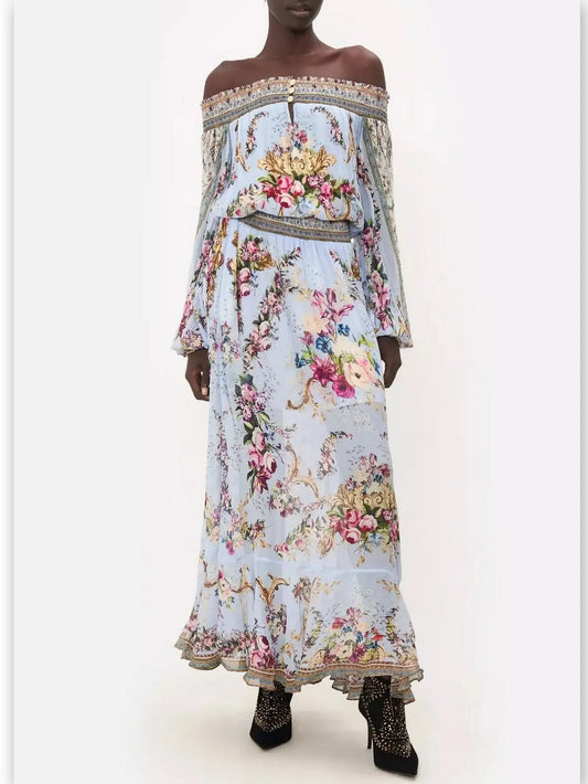 Off-Shoulder Light Blue with Multicolor Floral-Print Shirred Dress - Branna Couture