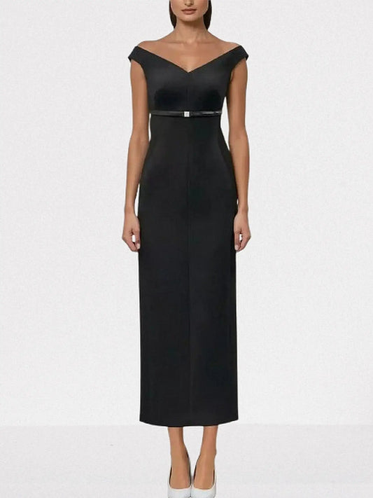 Off-Shoulder Belted Column Evening Dress - S / Black - Dresses