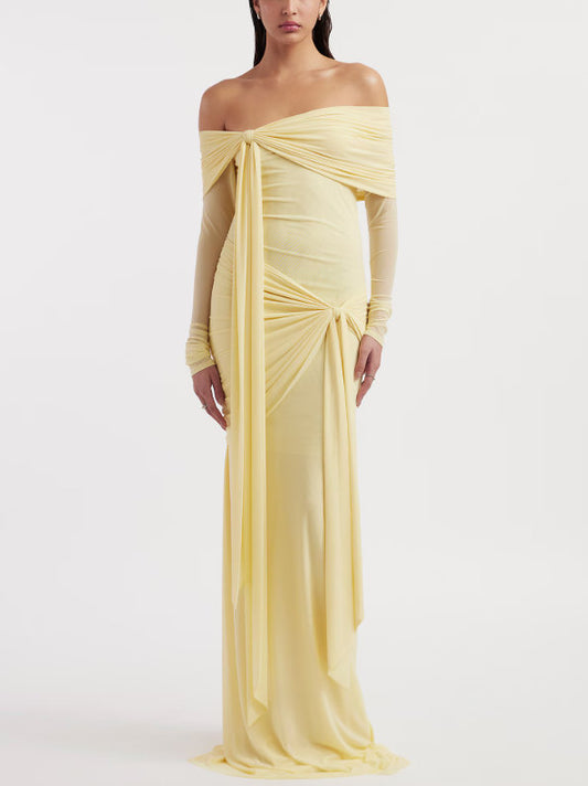 Off-Shoulder Draped Yellow Gown - S - Dresses