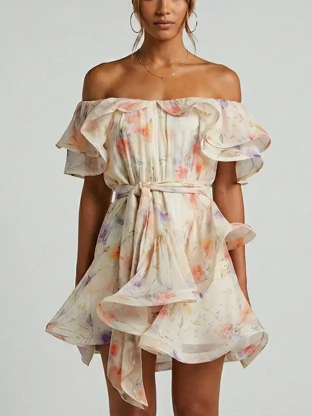 Off-Shoulder Floral Ruffle Mini Dress with Waist Tie - Dresses