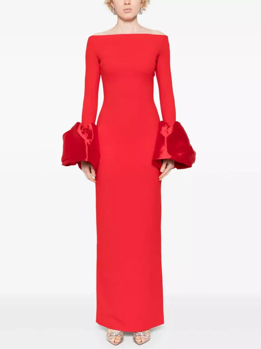 Women’s Off-Shoulder Gown with Oversized-Cuffs in Red Branna Couture