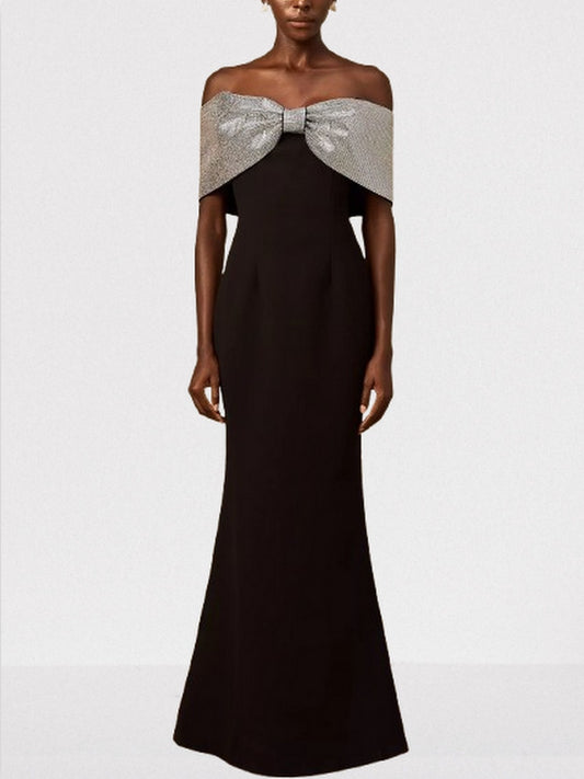 Off-Shoulder Large Crystal-Embellished Bow Black Gown