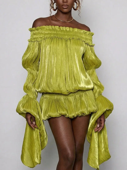 Off-Shoulder Pleated Bubble Mini Dress - Small - Dresses