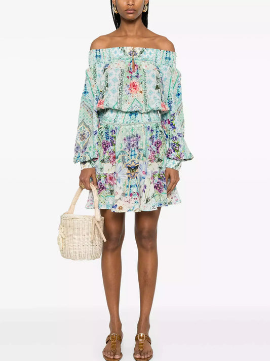 Off-Shoulder Printed Blouson Shirred Mini Dress - S - Dresses