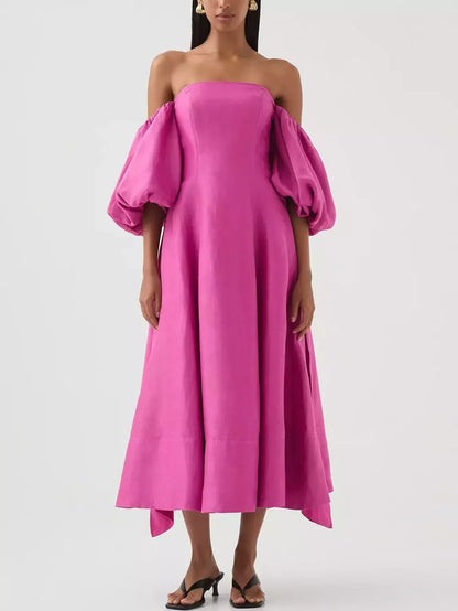 Off-Shoulder Puff-Sleeve Midi Dress in Magenta - S - Dresses