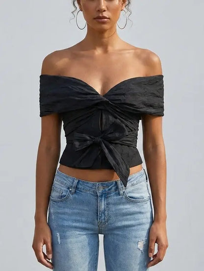 Off-Shoulder Twist-Front Tie Top in Black - Small - Tops