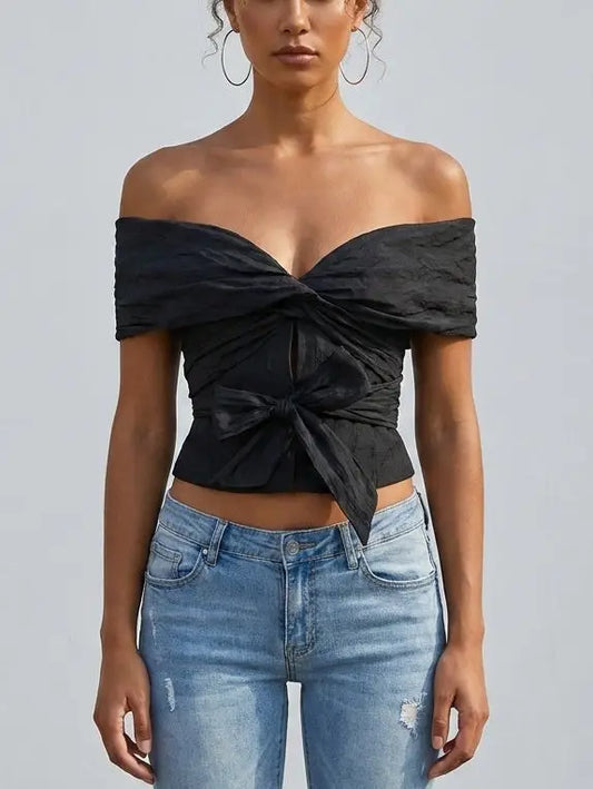 Off-Shoulder Twist-Front Tie Top in Black - Small - Tops