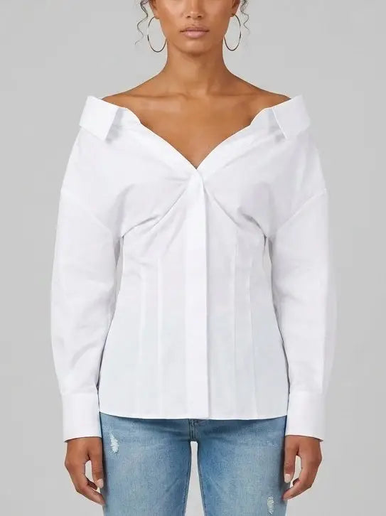Off-Shoulder White Cotton Structured Shirt - Small - Tops