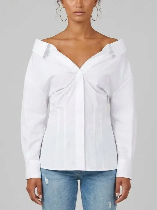 Off-Shoulder White Cotton Structured Shirt - Small - Tops