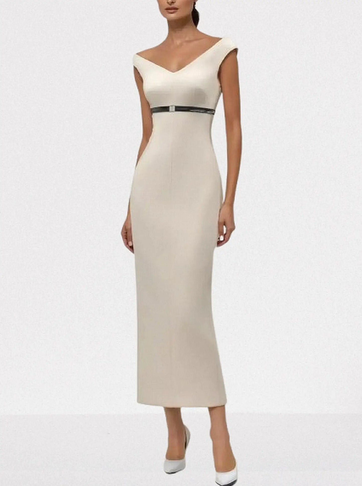 Off-Shoulder Belted Column Evening Dress - Dresses