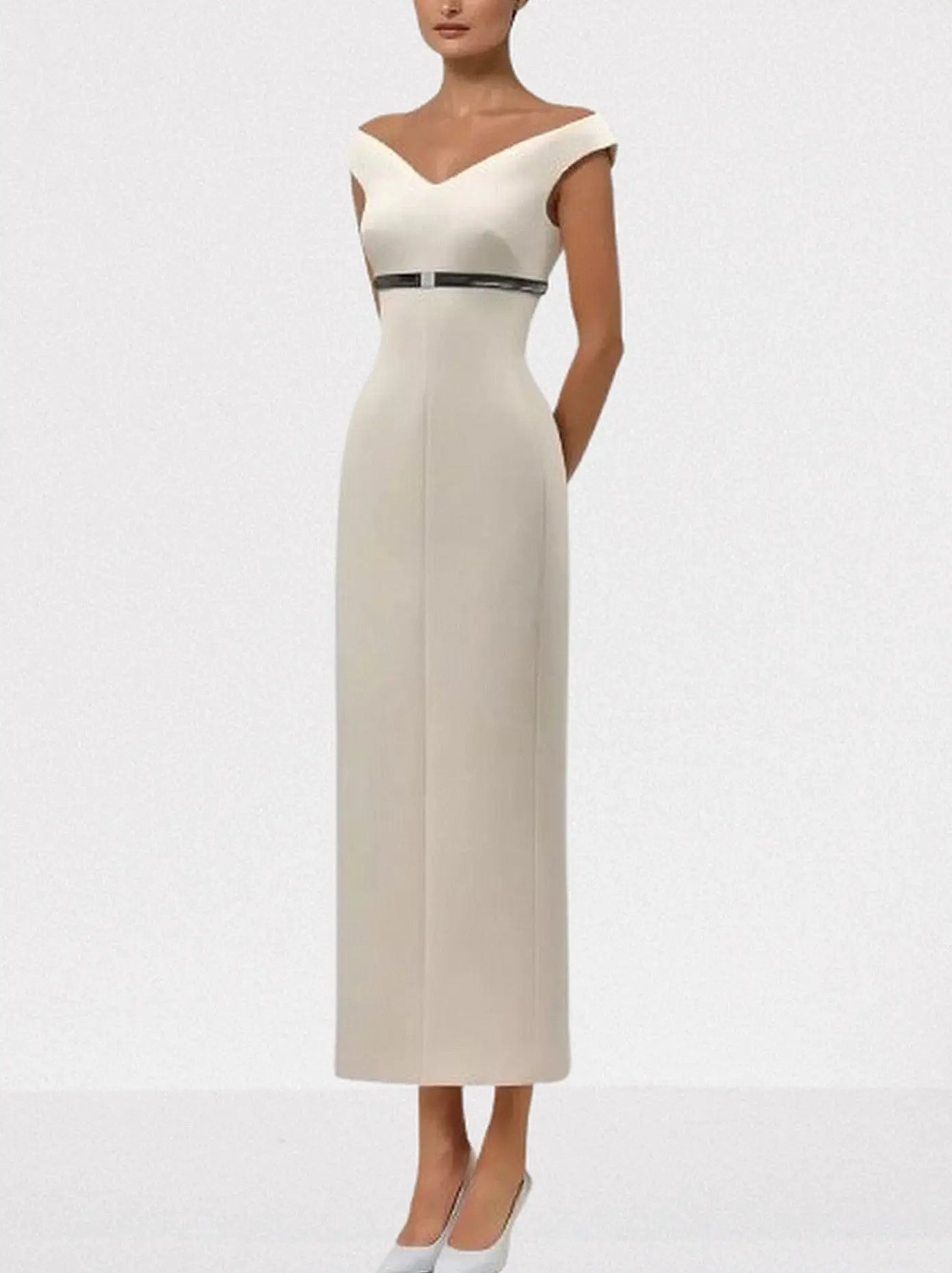 Off-Shoulder Belted Column Evening Dress - Dresses