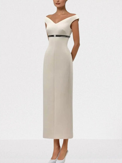Off-Shoulder Belted Column Evening Dress - Dresses