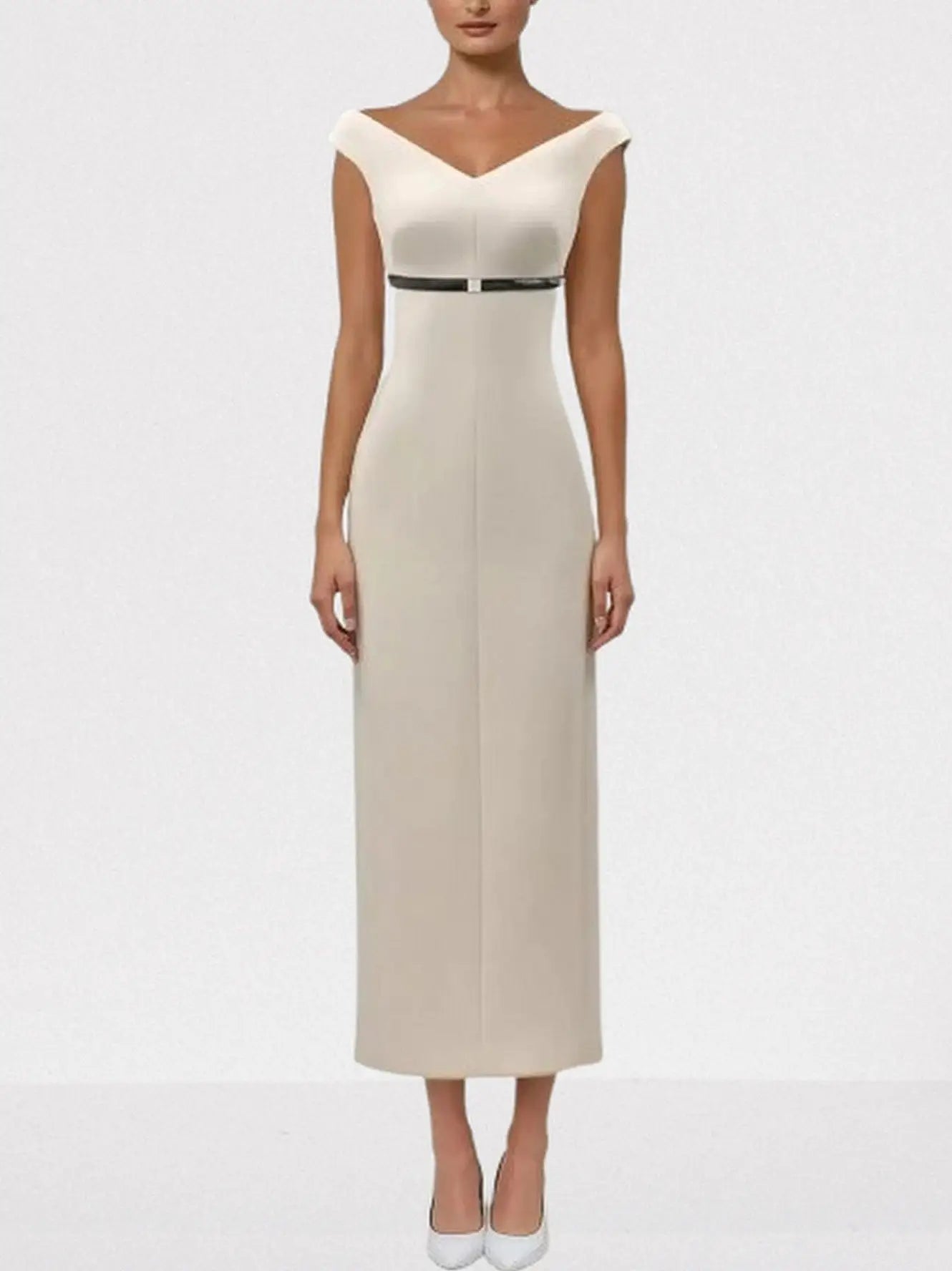Off-Shoulder Belted Column Evening Dress - S / Cream - Dresses
