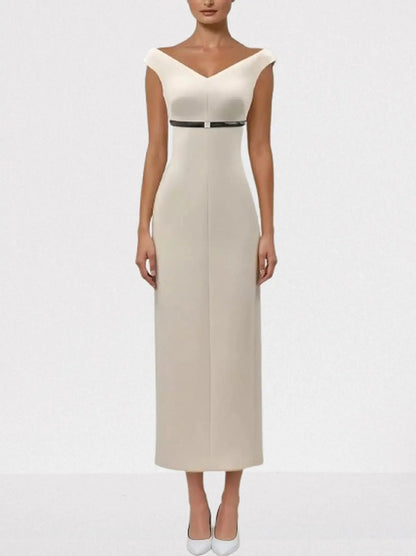 Off-Shoulder Belted Column Evening Dress - S / Cream - Dresses