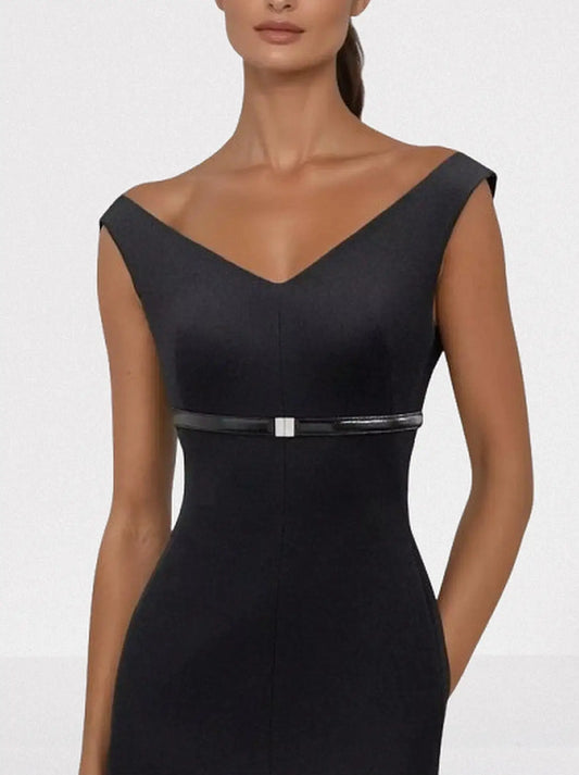 Off-Shoulder Belted Column Evening Dress - Dresses