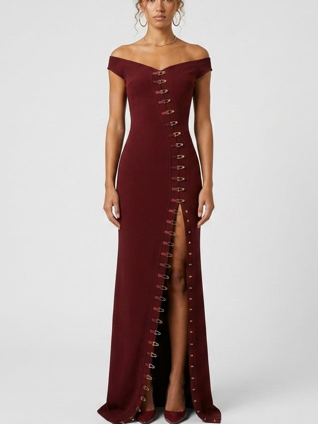 Off-Shoulder Buckle Detail Maxi Dress - S / Wine Red - Dresses