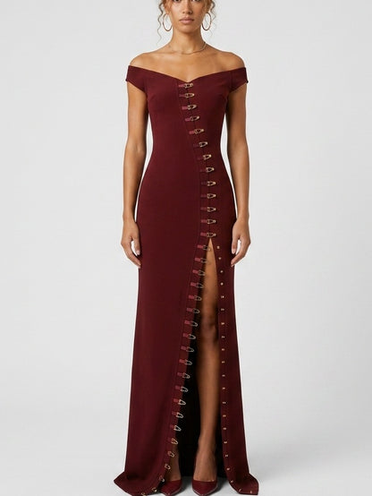 Off-Shoulder Buckle Detail Maxi Dress - S / Wine Red - Dresses