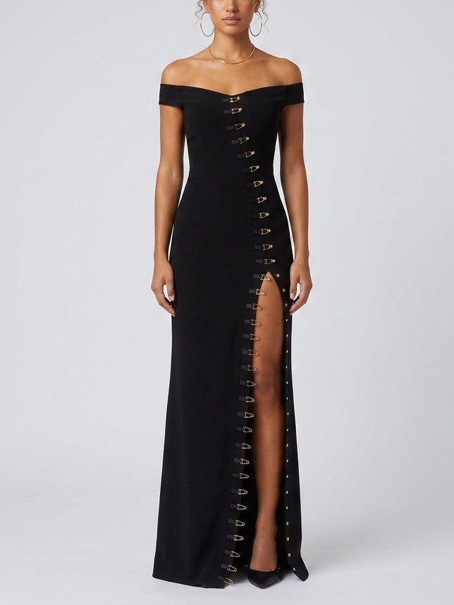 Off-Shoulder Buckle Detail Maxi Dress - Dresses