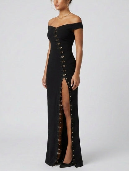 Off-Shoulder Buckle Detail Maxi Dress - Dresses