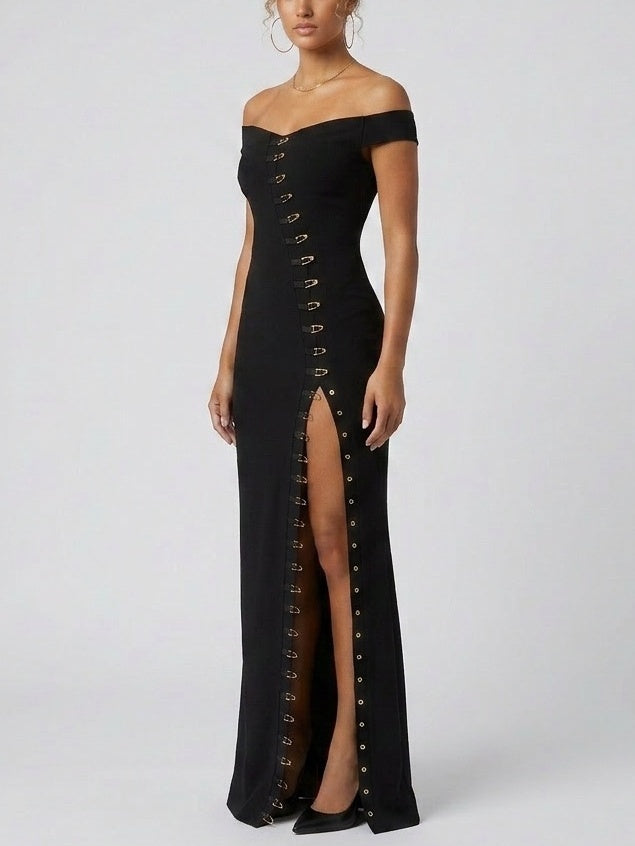 Off-Shoulder Buckle Detail Maxi Dress - Dresses