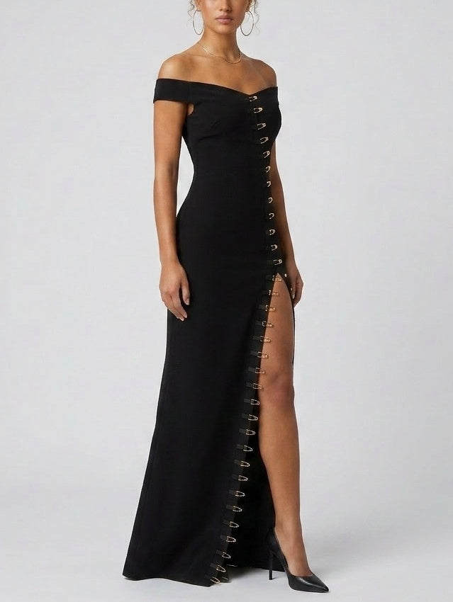 Off-Shoulder Buckle Detail Maxi Dress - Dresses