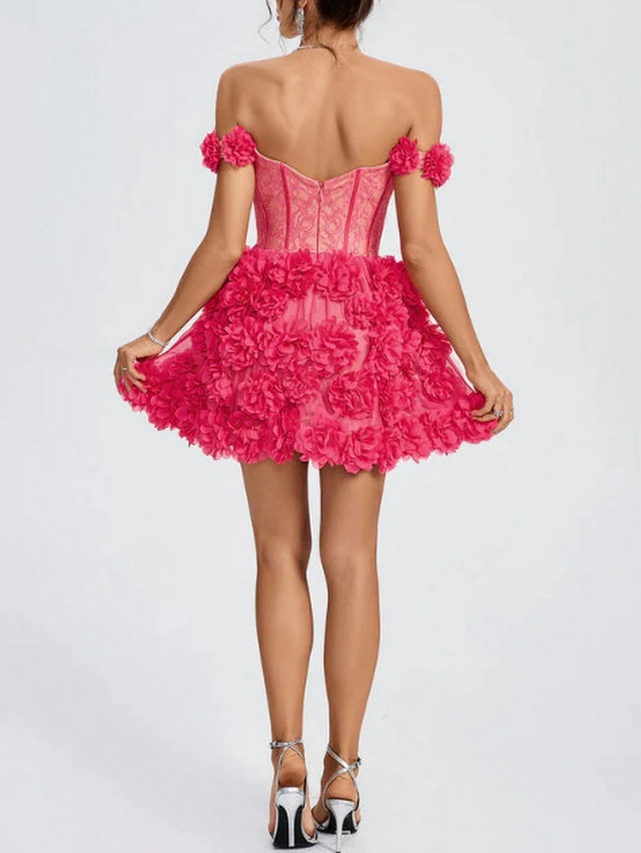 Off-Shoulder Corset Dress with Floral Appliques - Dresses