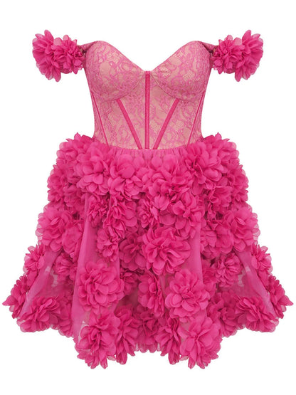 Off-Shoulder Corset Dress with Floral Appliques - Dresses