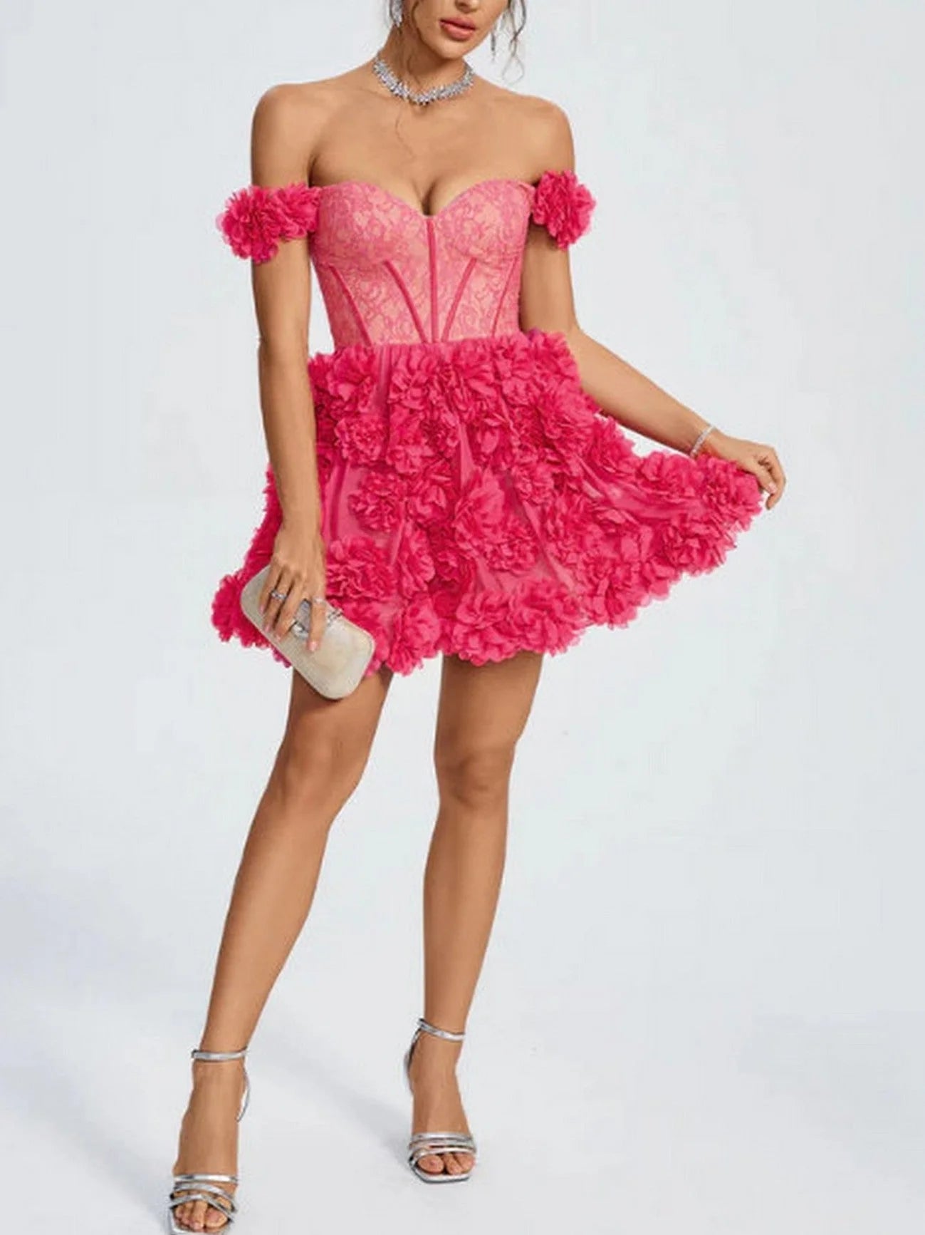 Off-Shoulder Corset Dress with Floral Appliques - Dresses