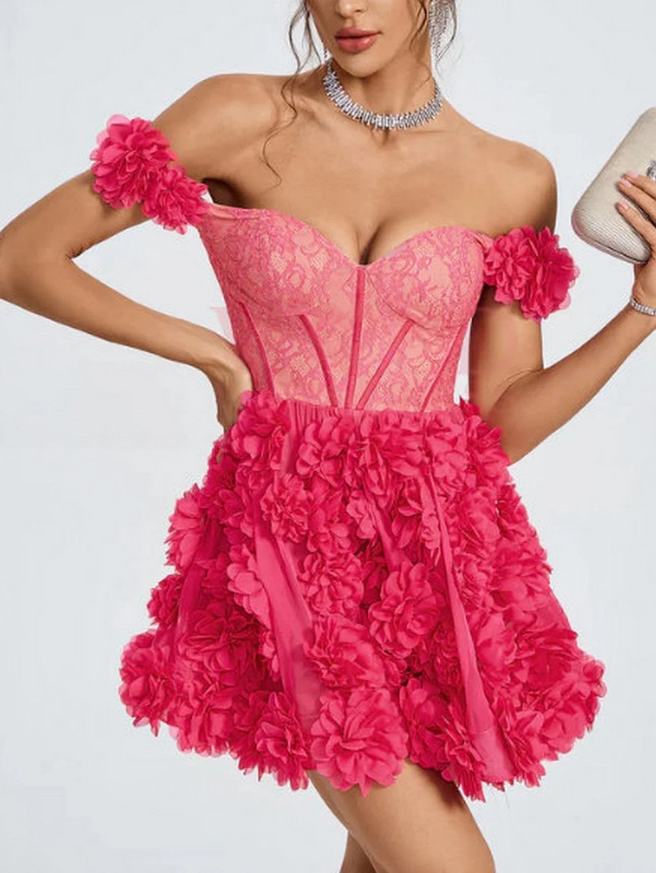 Off-Shoulder Corset Dress with Floral Appliques - Dresses