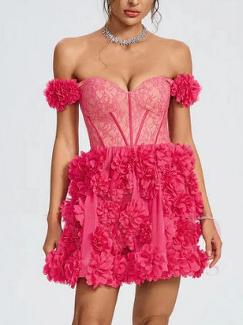 Off-Shoulder Corset Dress with Floral Appliques - Small - Dresses