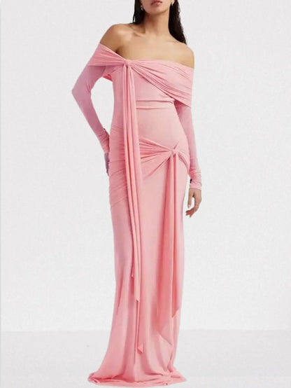 Off-Shoulder Draped Gown with Knotted Detail - S / Pink - Dresses