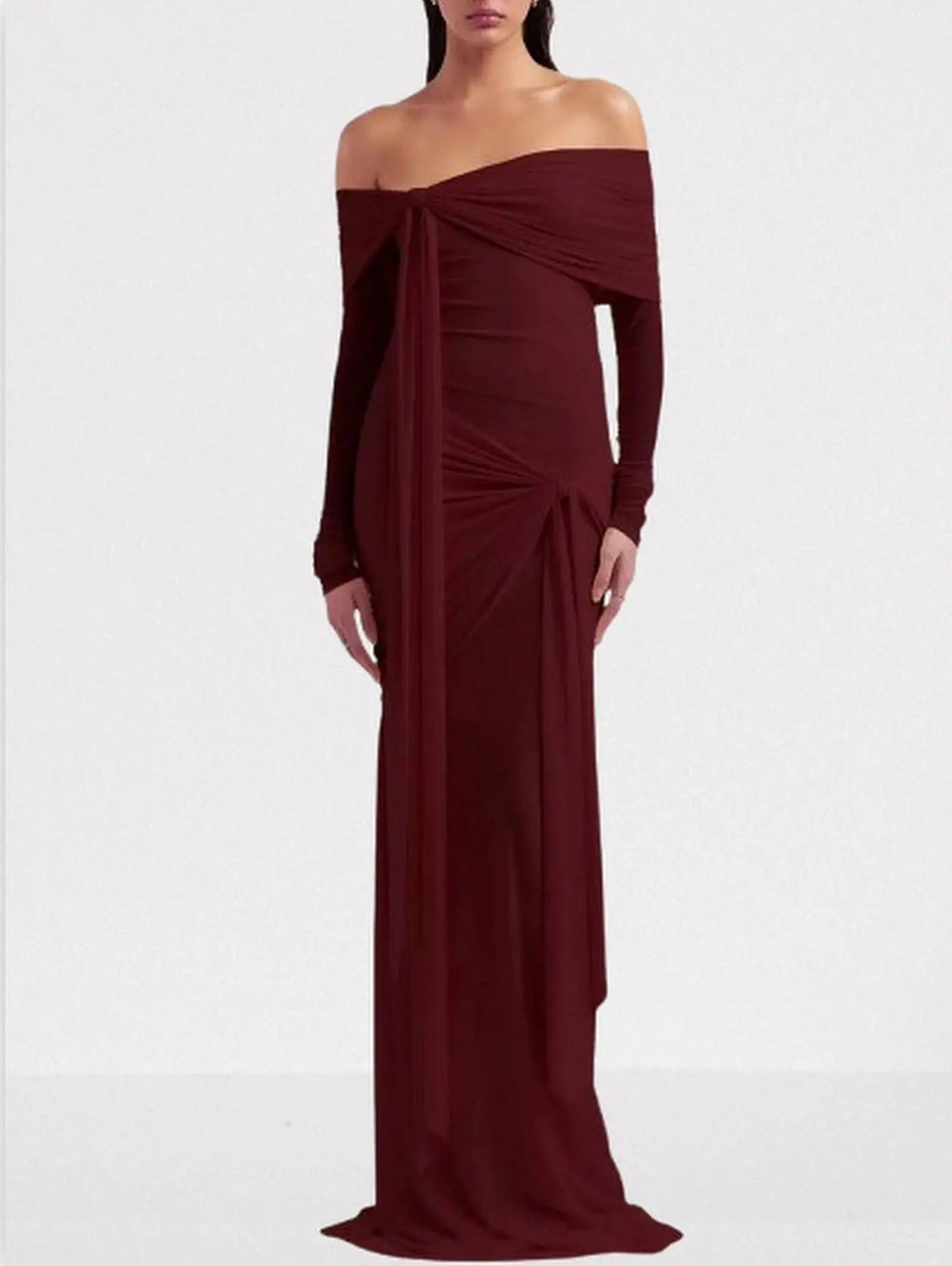 Off-Shoulder Draped Gown with Knotted Detail - Dresses