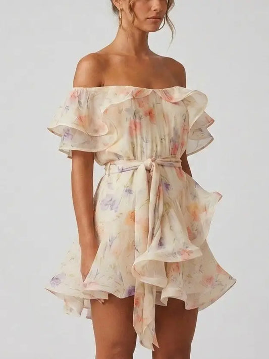 Off-Shoulder Floral Ruffle Mini Dress with Waist Tie - Dresses