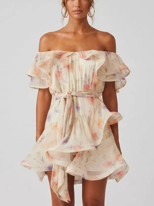 Off-Shoulder Floral Ruffle Mini Dress with Waist Tie - Small - Dresses