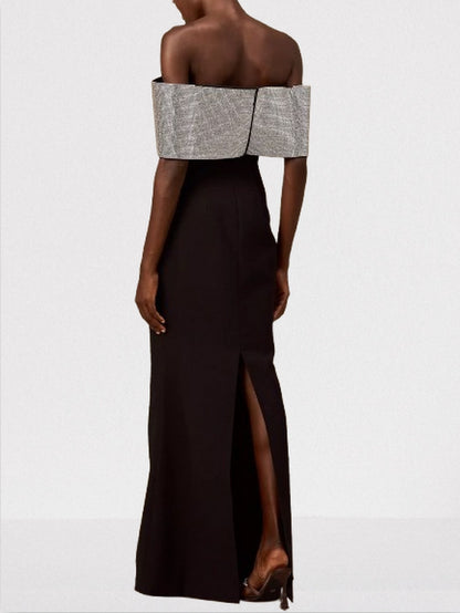 Off-Shoulder Large Crystal-Embellished Bow Black Gown