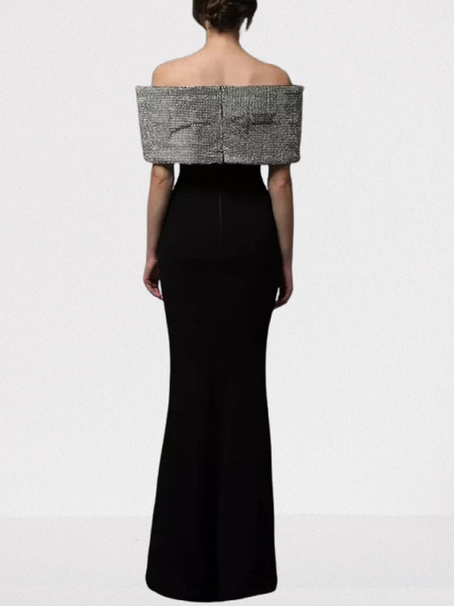 Off-Shoulder Large Crystal-Embellished Bow Black Gown