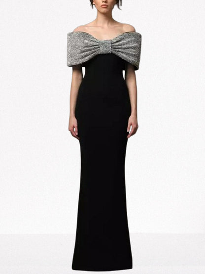 Off-Shoulder Large Crystal-Embellished Bow Black Gown