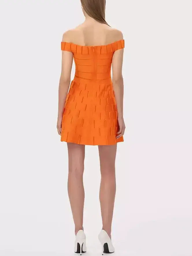 Off-Shoulder Orange Fit and Flare Mini Dress - Dresses