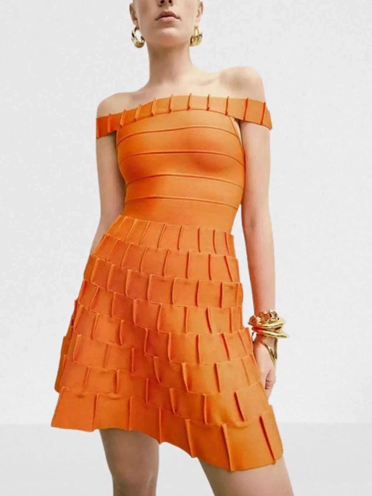 Off-Shoulder Orange Fit and Flare Mini Dress - Dresses