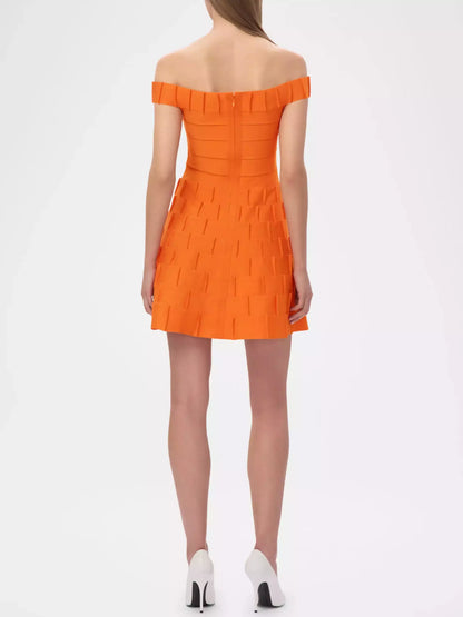 Off-Shoulder Orange Fit and Flare Mini Dress - Dresses